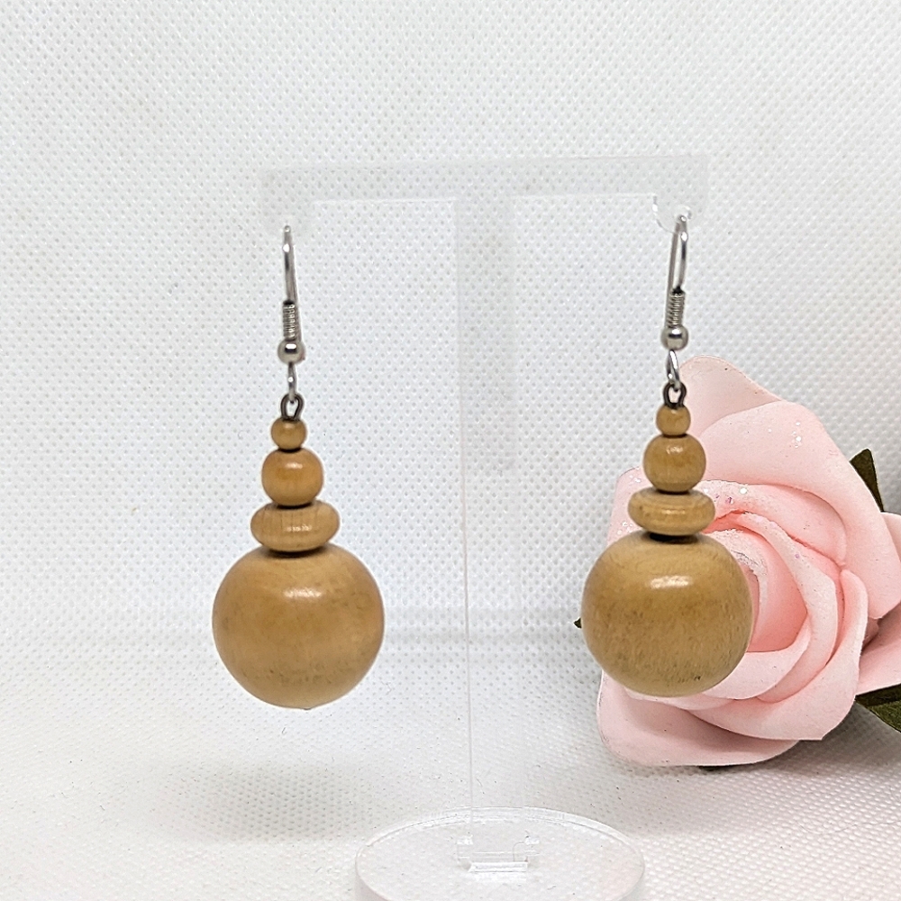 Vintage Earrings Graduated Stacked Natural Wood Beads Long Boho Gypsy Cabincore